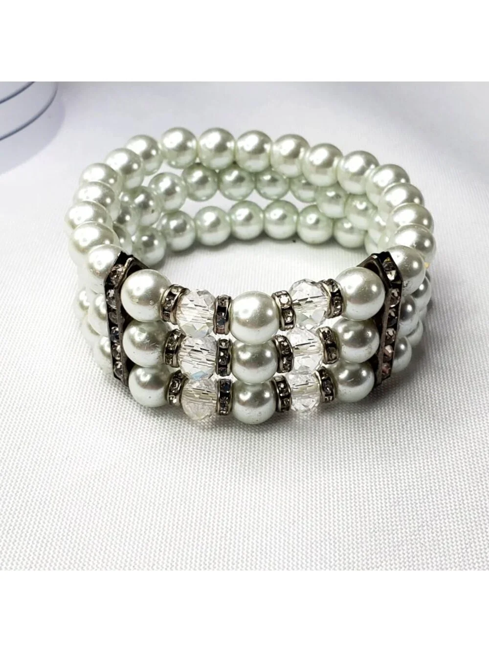 Vintage Crystal & Faux Pearl Stretch Bracelet With Rhinestone Accents Wedding